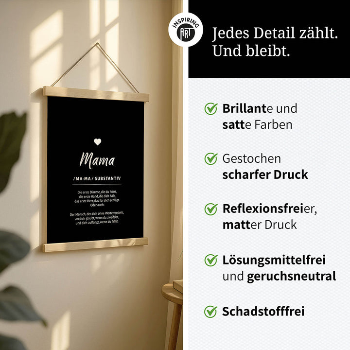 Mama - Wortdefinition - Stoffbild mit Holzleisten in Schwarz-Weiß