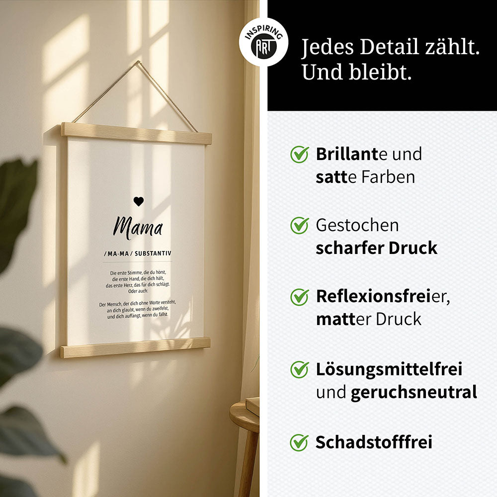 Mama - Wortdefinition - Stoffbild mit Holzleisten in Weiß-Schwarz