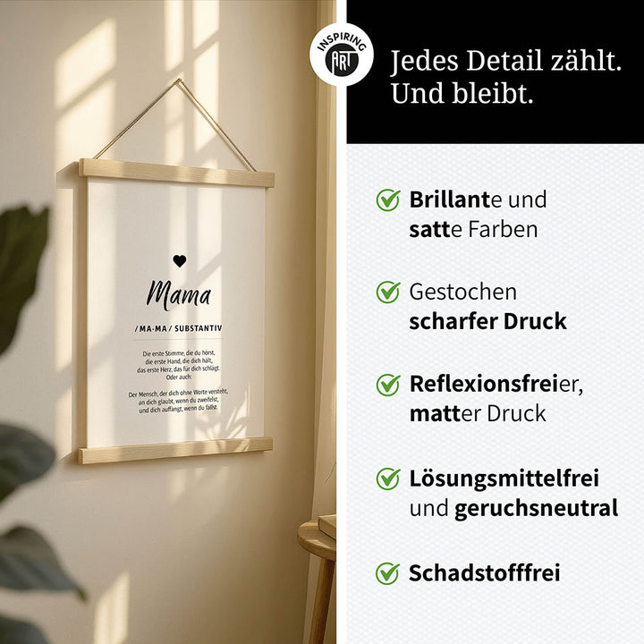 Mama - Wortdefinition - Stoffbild mit Holzleisten in Weiß-Schwarz