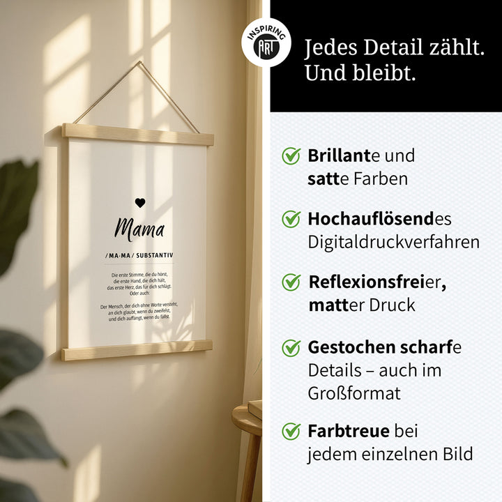 Mama - Wortdefinition - Stoffbild mit Holzleisten in Weiß-Schwarz
