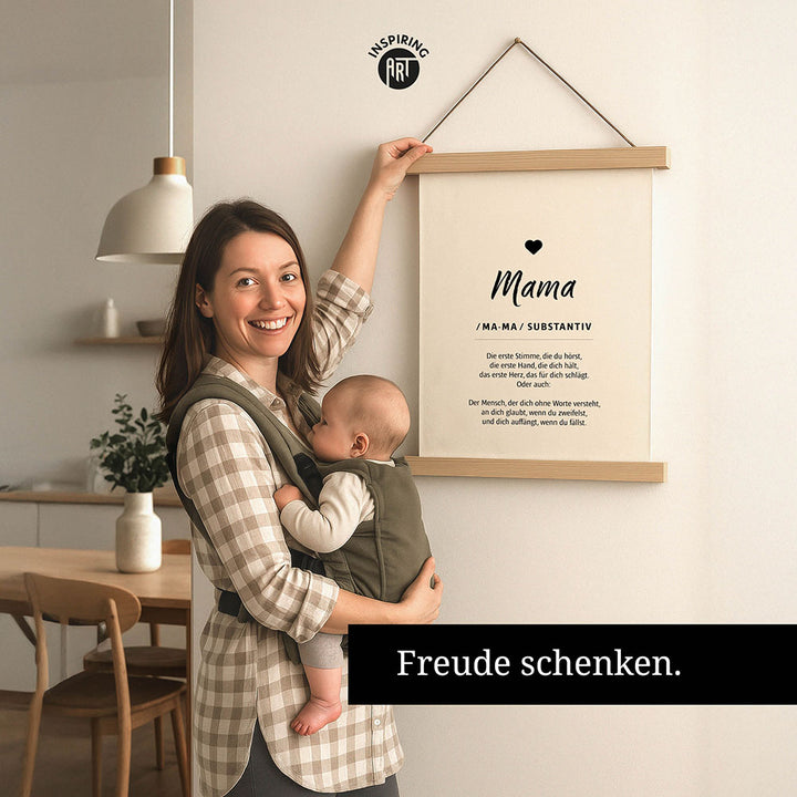 Mama - Wortdefinition - Stoffbild mit Holzleisten in Weiß-Schwarz