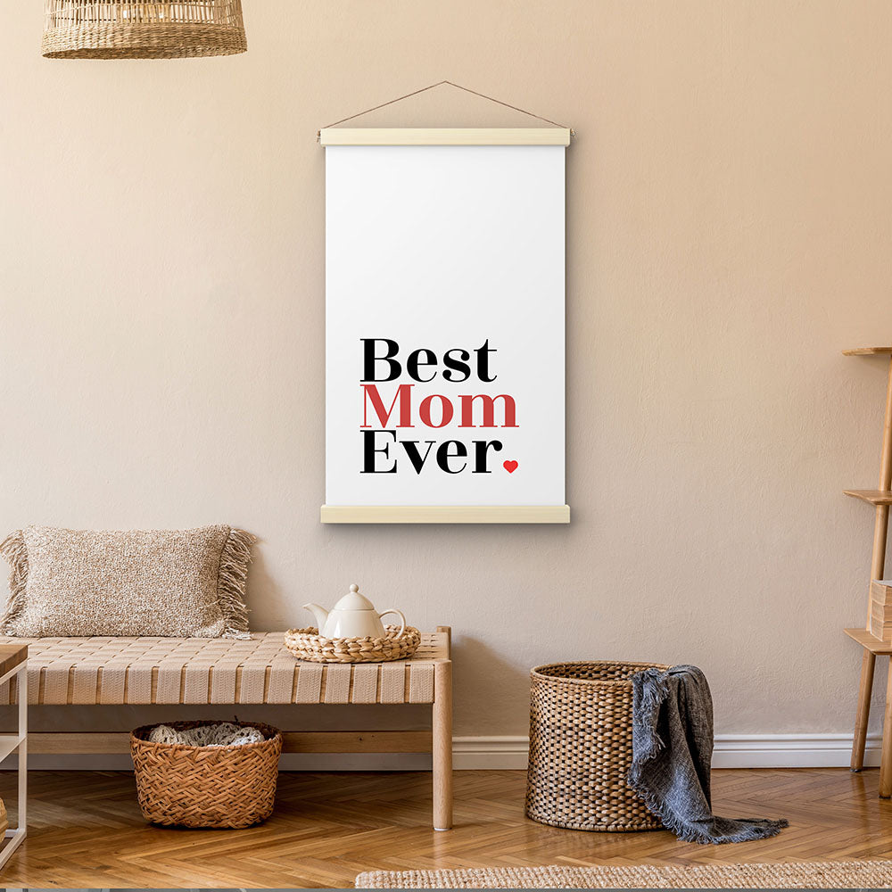 "Best mom ever" Typografie - Stoffbild mit Holzleisten in Weiß-Schwarz-Rot