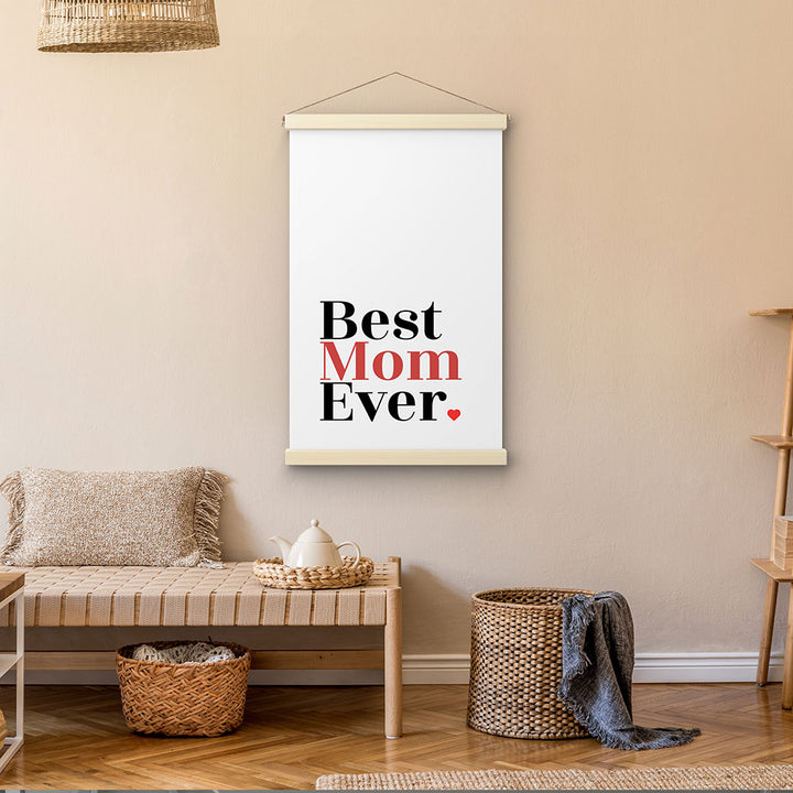 "Best mom ever" Typografie - Stoffbild mit Holzleisten in Weiß-Schwarz-Rot