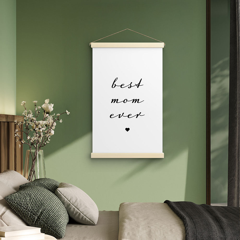 "Best mom ever" Typografie - Stoffbild mit Holzleisten in Weiß-Schwarz
