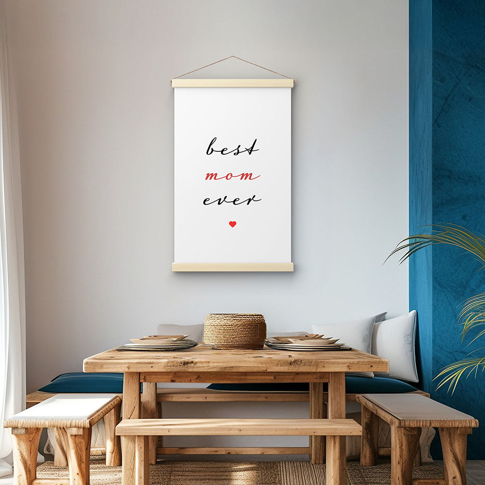 "Best mom ever" Typografie - Stoffbild mit Holzleisten in Weiß-Schwarz-Rot