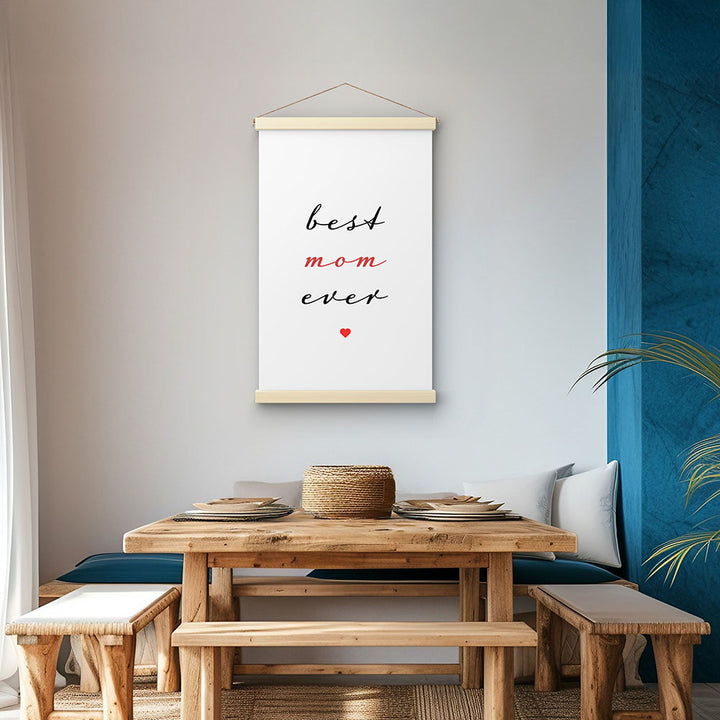 "Best mom ever" Typografie - Stoffbild mit Holzleisten in Weiß-Schwarz-Rot