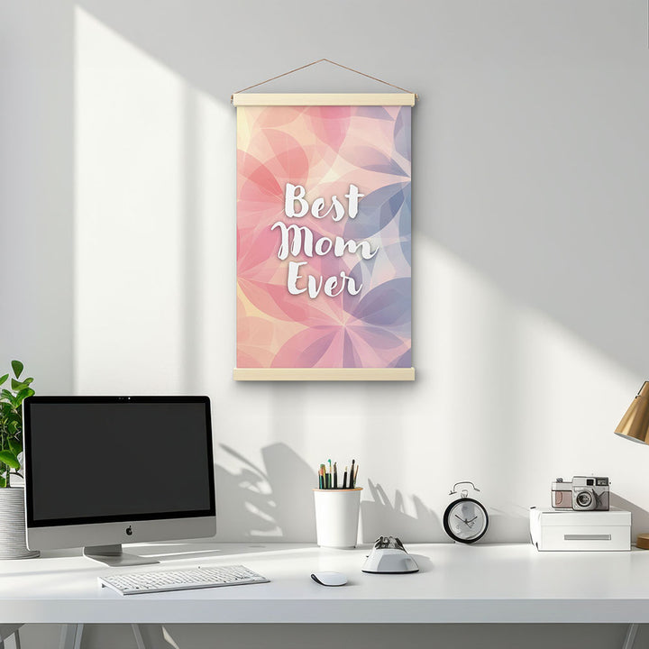 "Best mom ever" Flower Power- Stoffbild mit Holzleisten bunt