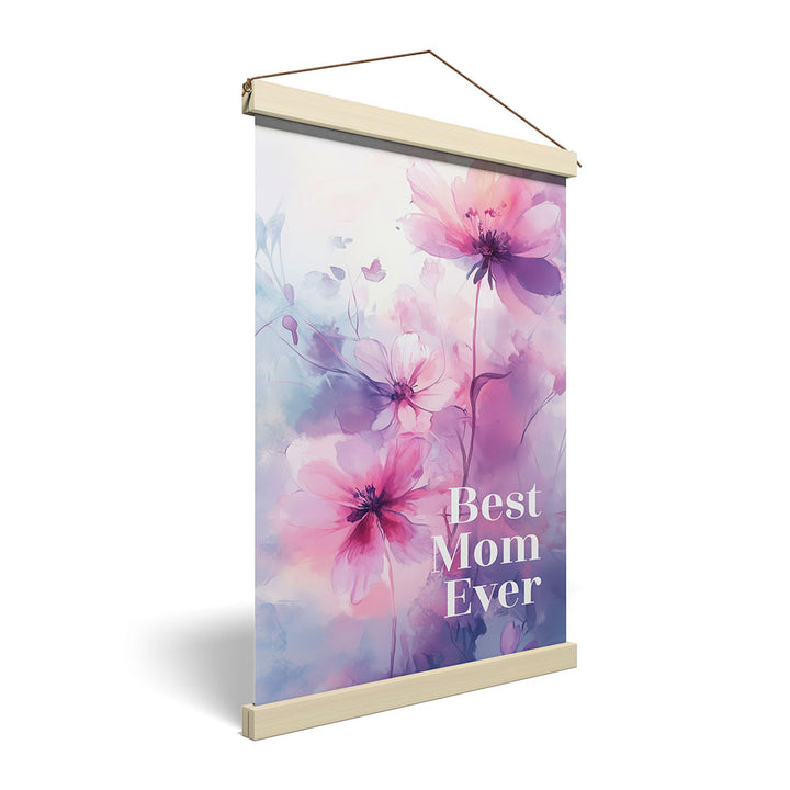 "Best mom ever" Lila Blumen - Stoffbild mit Holzleisten bunt
