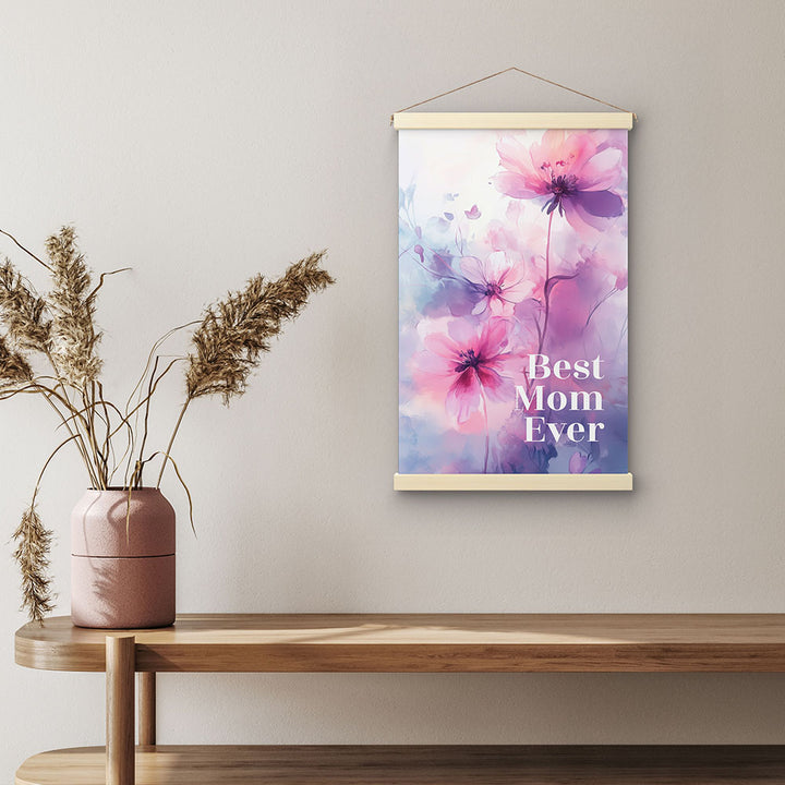 "Best mom ever" Lila Blumen - Stoffbild mit Holzleisten bunt