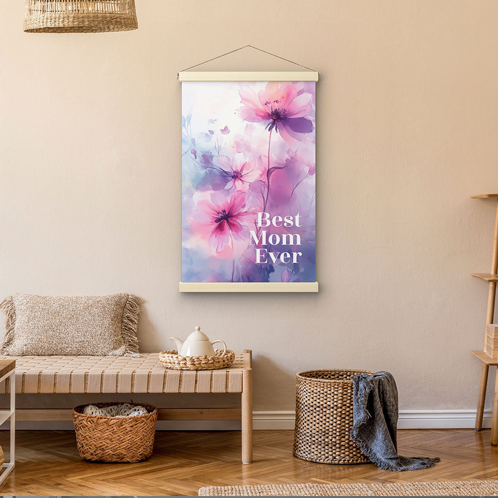 "Best mom ever" Lila Blumen - Stoffbild mit Holzleisten bunt