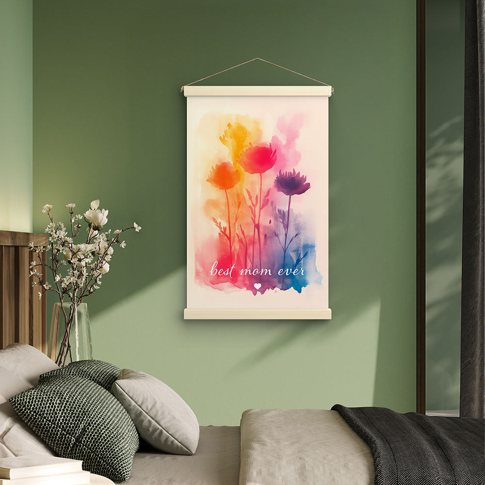 "Best mom ever" Aquarell-Blumen - Stoffbild mit Holzleisten bunt