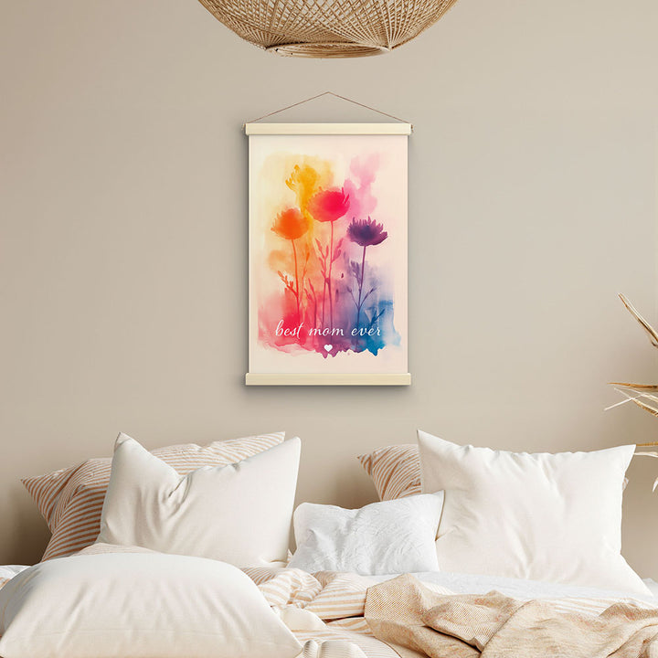 "Best mom ever" Aquarell-Blumen - Stoffbild mit Holzleisten bunt