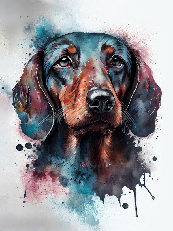 Dackel Bruno - Hunde Wandbild - Poster mit 275 g/m2 seidenmatt ohne Rahmen - Dogs Art Hundebild WaterColors / Aquarell im Hochformat - Hundeportrait-Kunstdruck in Museumsqualität