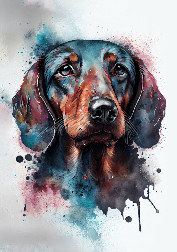 Dackel Bruno - Hunde Wandbild - Poster mit 275 g/m2 seidenmatt ohne Rahmen - Dogs Art Hundebild WaterColors / Aquarell im Hochformat - Hundeportrait-Kunstdruck in Museumsqualität