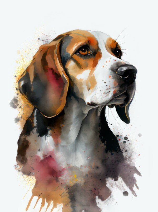 Beagle Bubbles - Hunde Wandbild - Poster mit 275 g/m2 seidenmatt ohne Rahmen - Dogs Art Hundebild WaterColors / Aquarell im Hochformat - Hundeportrait-Kunstdruck in Museumsqualität