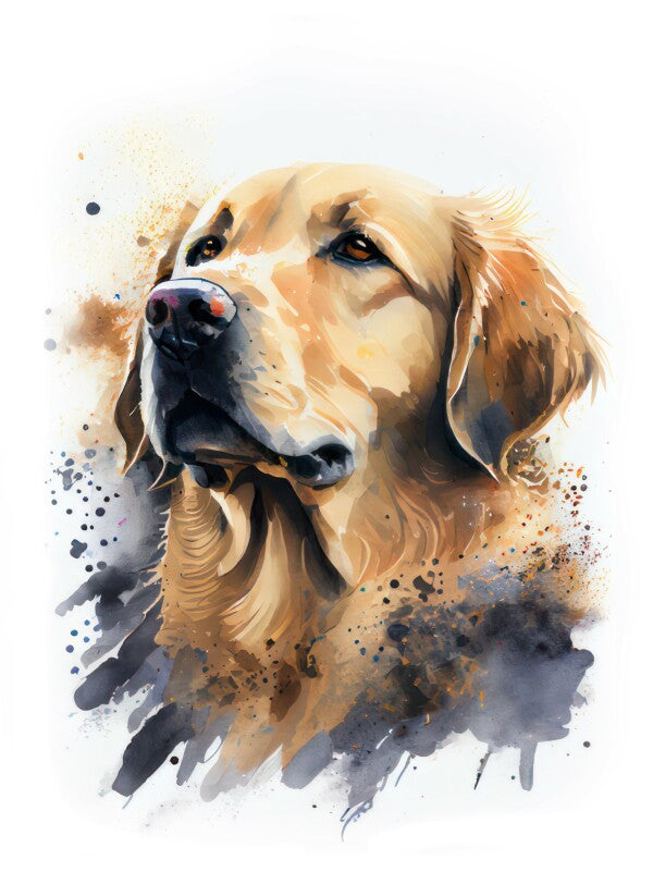 Golden Retriever Leo - Hunde Wandbild - Poster mit 275 g/m2 seidenmatt ohne Rahmen - Dogs Art Hundebild WaterColors / Aquarell im Hochformat - Hundeportrait-Kunstdruck in Museumsqualität