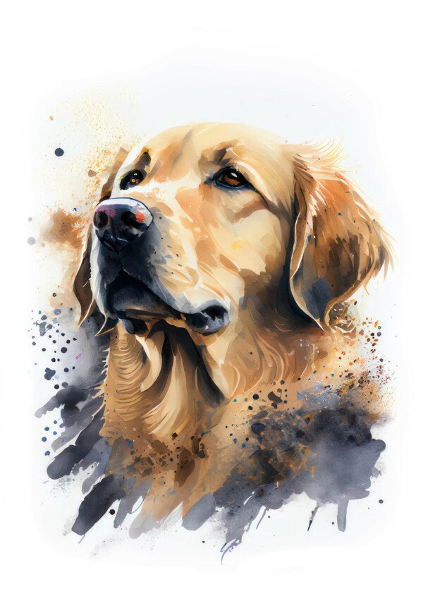 Golden Retriever Leo - Hunde Wandbild - Poster mit 275 g/m2 seidenmatt ohne Rahmen - Dogs Art Hundebild WaterColors / Aquarell im Hochformat - Hundeportrait-Kunstdruck in Museumsqualität