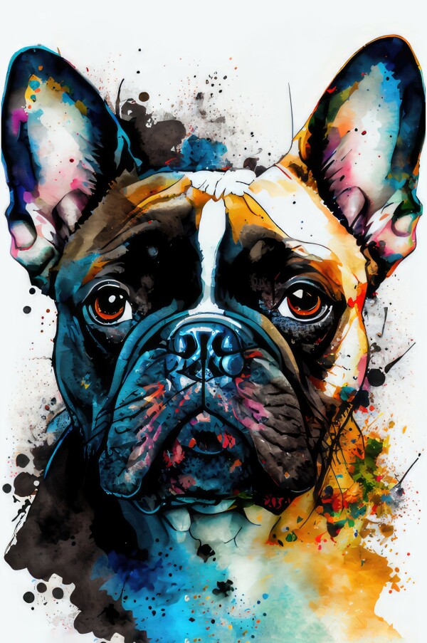 Französische Bulldogge Poldi - Hunde Wandbild - Poster mit 275 g/m2 seidenmatt ohne Rahmen - Dogs Art Hundebild WaterColors / Aquarell im Hochformat - Hundeportrait-Kunstdruck in Museumsqualität