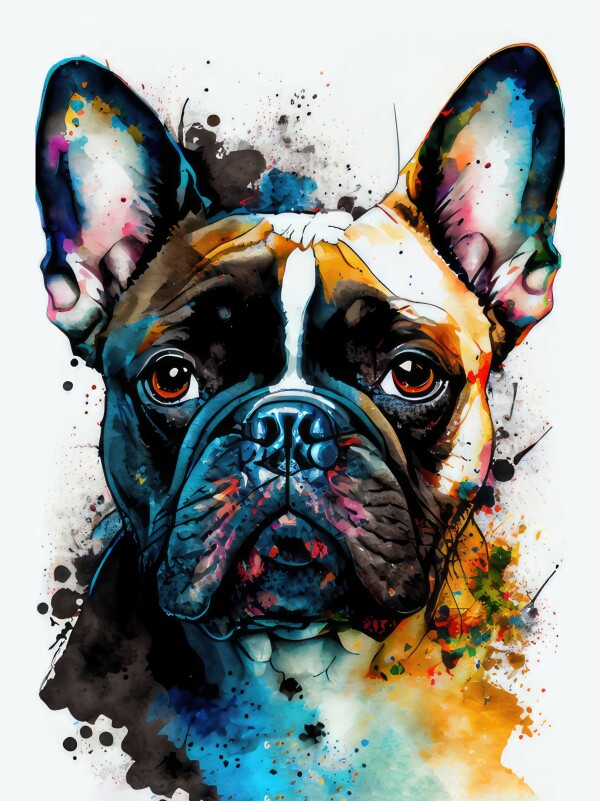Französische Bulldogge Poldi - Hunde Wandbild - Poster mit 275 g/m2 seidenmatt ohne Rahmen - Dogs Art Hundebild WaterColors / Aquarell im Hochformat - Hundeportrait-Kunstdruck in Museumsqualität