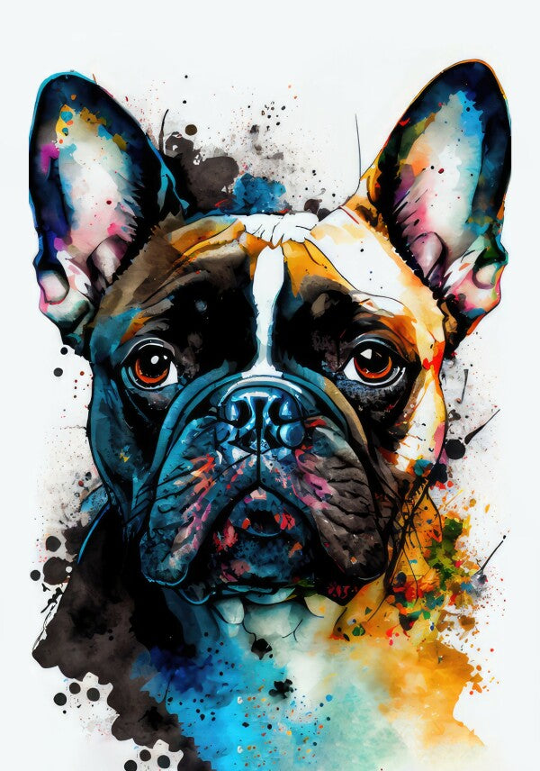 Französische Bulldogge Poldi - Hunde Wandbild - Poster mit 275 g/m2 seidenmatt ohne Rahmen - Dogs Art Hundebild WaterColors / Aquarell im Hochformat - Hundeportrait-Kunstdruck in Museumsqualität