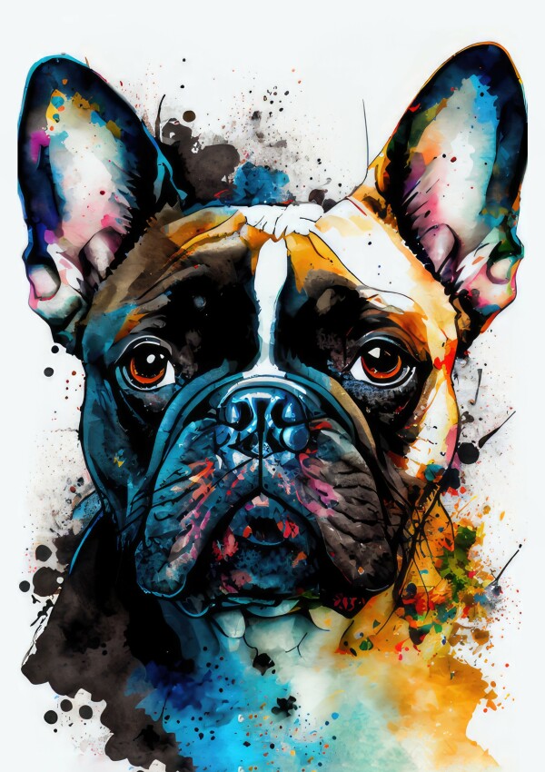 Französische Bulldogge Poldi - Hunde Wandbild - Poster mit 275 g/m2 seidenmatt ohne Rahmen - Dogs Art Hundebild WaterColors / Aquarell im Hochformat - Hundeportrait-Kunstdruck in Museumsqualität