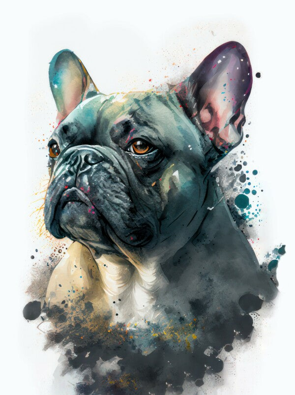 Französische Bulldogge Milo - Hunde Wandbild - Poster mit 275 g/m2 seidenmatt ohne Rahmen - Dogs Art Hundebild WaterColors / Aquarell im Hochformat - Hundeportrait-Kunstdruck in Museumsqualität