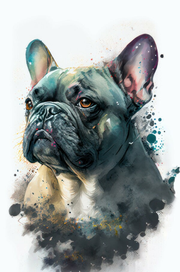 Französische Bulldogge Milo - Hunde Wandbild - Poster mit 275 g/m2 seidenmatt ohne Rahmen - Dogs Art Hundebild WaterColors / Aquarell im Hochformat - Hundeportrait-Kunstdruck in Museumsqualität