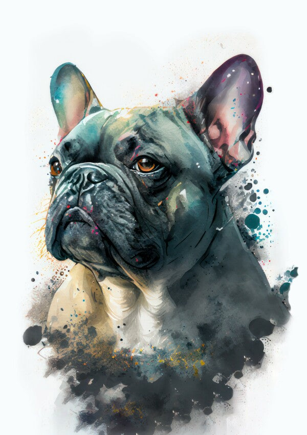 Französische Bulldogge Milo - Hunde Wandbild - Poster mit 275 g/m2 seidenmatt ohne Rahmen - Dogs Art Hundebild WaterColors / Aquarell im Hochformat - Hundeportrait-Kunstdruck in Museumsqualität