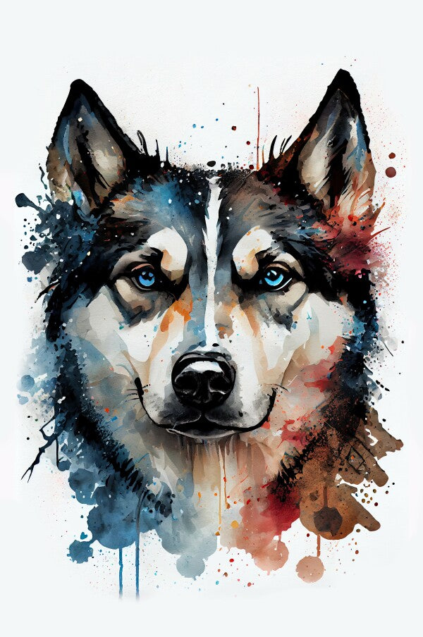 Husky Toto - Hunde Wandbild - Poster mit 275 g/m2 seidenmatt ohne Rahmen - Dogs Art Hundebild WaterColors / Aquarell im Hochformat - Hundeportrait-Kunstdruck in Museumsqualität