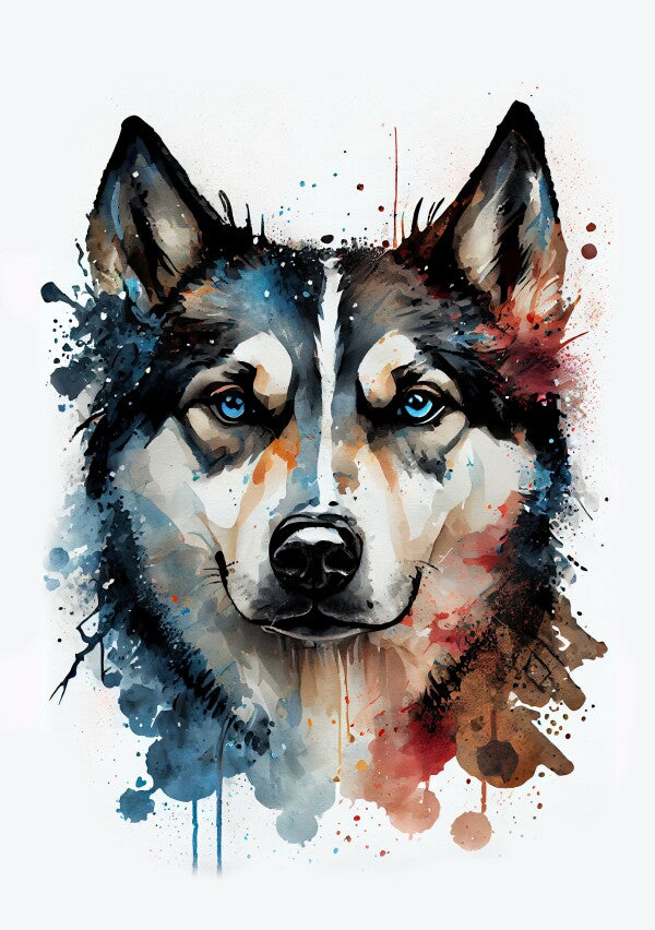 Husky Toto - Hunde Wandbild - Poster mit 275 g/m2 seidenmatt ohne Rahmen - Dogs Art Hundebild WaterColors / Aquarell im Hochformat - Hundeportrait-Kunstdruck in Museumsqualität