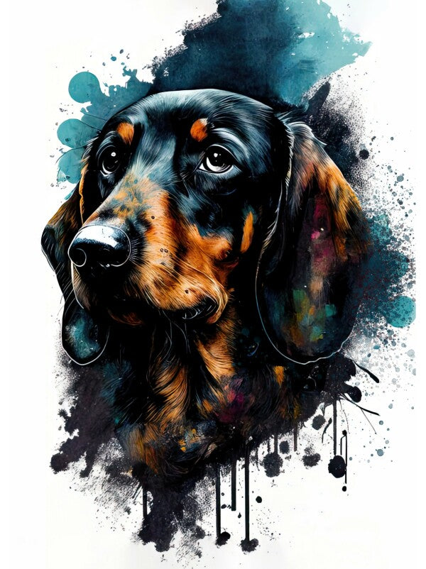 Dackel Dory - Hunde Wandbild - Poster mit 275 g/m2 seidenmatt ohne Rahmen - Dogs Art Hundebild WaterColors / Aquarell im Hochformat - Hundeportrait-Kunstdruck in Museumsqualität