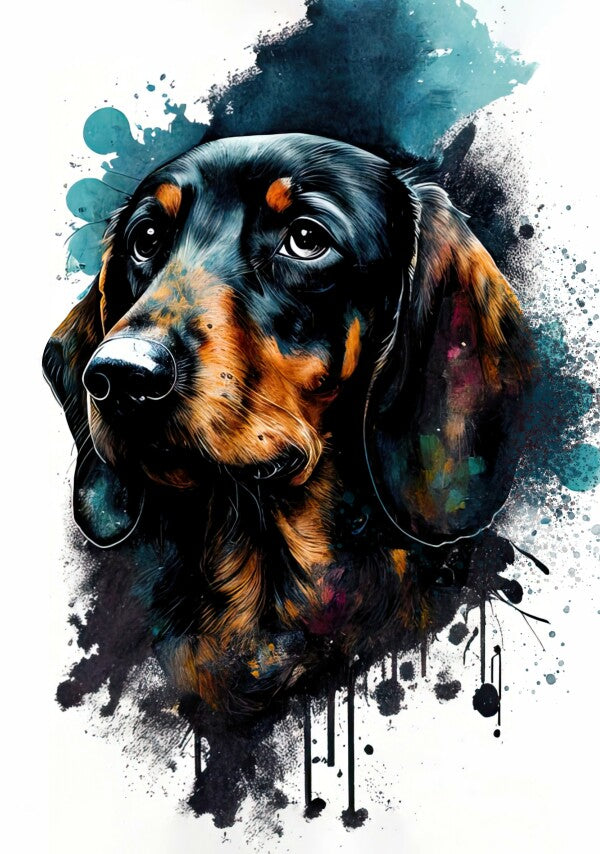 Dackel Dory - Hunde Wandbild - Poster mit 275 g/m2 seidenmatt ohne Rahmen - Dogs Art Hundebild WaterColors / Aquarell im Hochformat - Hundeportrait-Kunstdruck in Museumsqualität