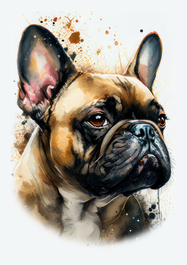 Französische Bulldogge Daisy - Hunde Wandbild - Poster mit 275 g/m2 seidenmatt ohne Rahmen - Dogs Art Hundebild WaterColors / Aquarell im Hochformat - Hundeportrait-Kunstdruck in Museumsqualität