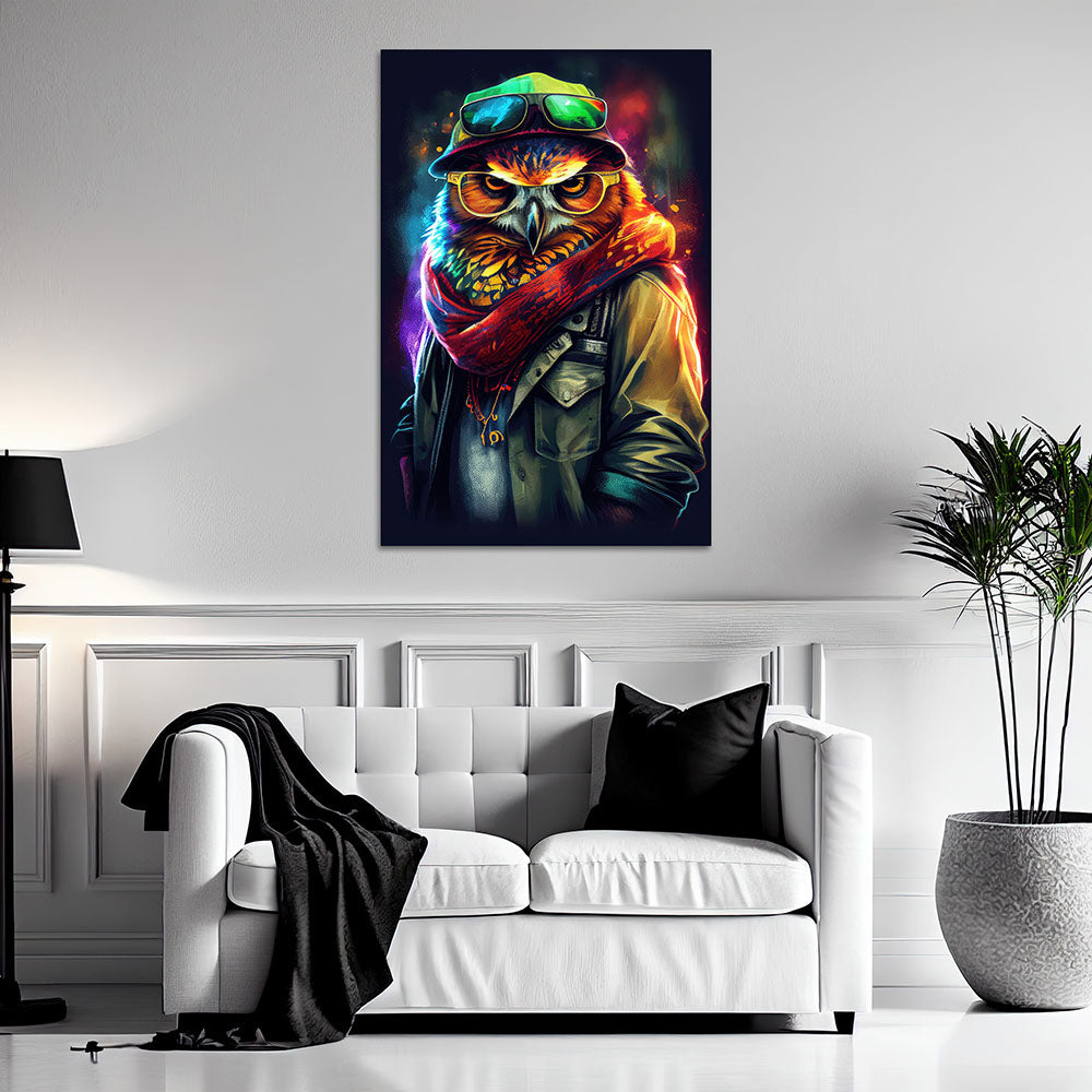 Leinwand Bild Eule bunt cool Brille