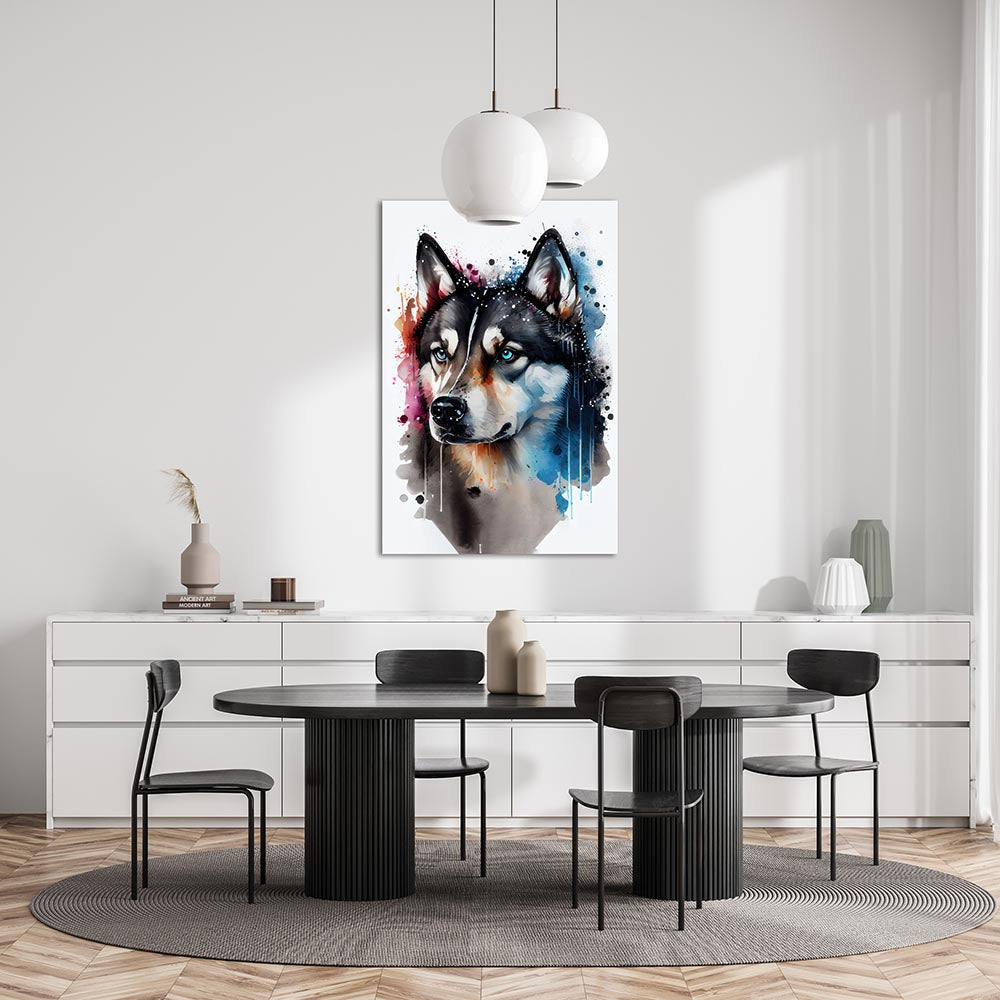 Leinwand Bild Hund Husky Aquarell Wasserfarben