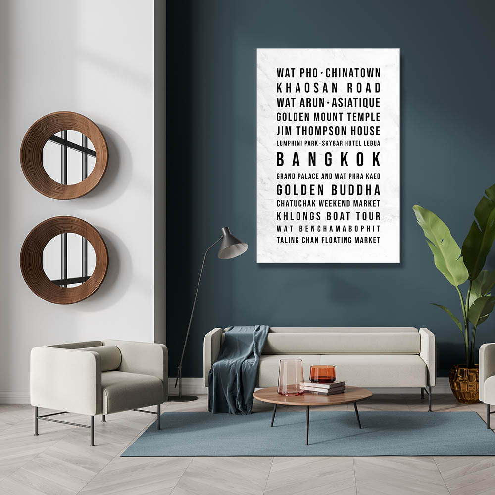 Bangkok Typografie Wandbild Leinwand Weiss Marmoroptik