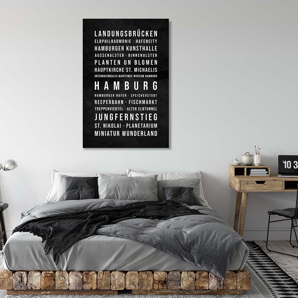 Hamburg Typografie Wandbild Leinwand Schwarzgrau Marmoroptik