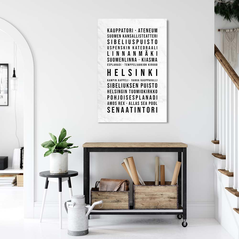 Helsinki Typografie Wandbild Leinwand Weiss Marmoroptik