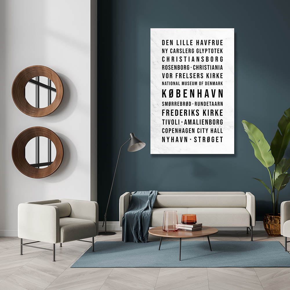 Kopenhagen - Typografie-Wandbild - Leinwand Weiss Marmoroptik