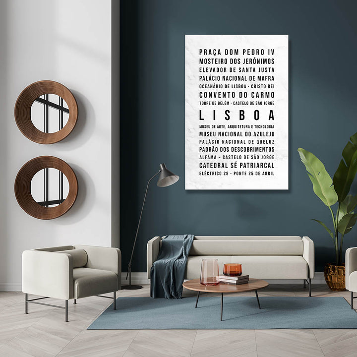Lissabon - Typografie-Wandbild - Leinwand Weiss Marmoroptik