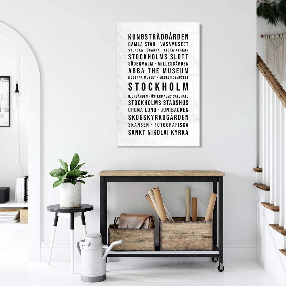 Stockholm Typografie Wandbild Leinwand Weiss Marmoroptik