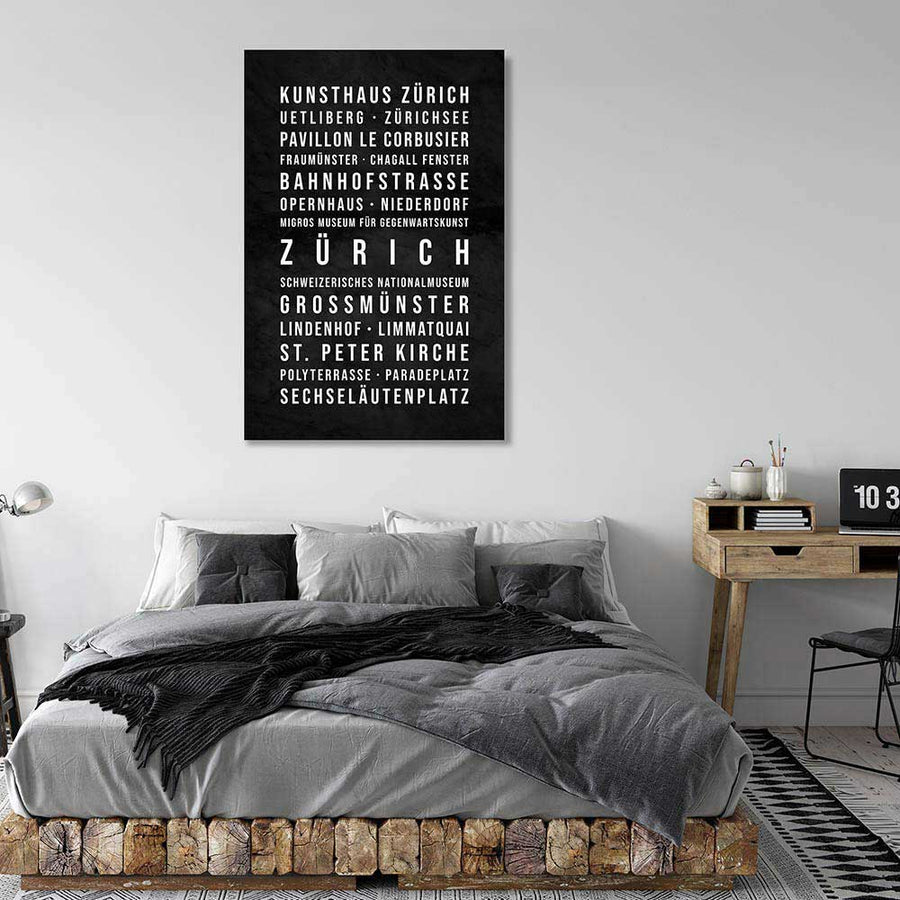 Zürich Typografie Wandbild Leinwand Schwarzgrau Marmoroptik