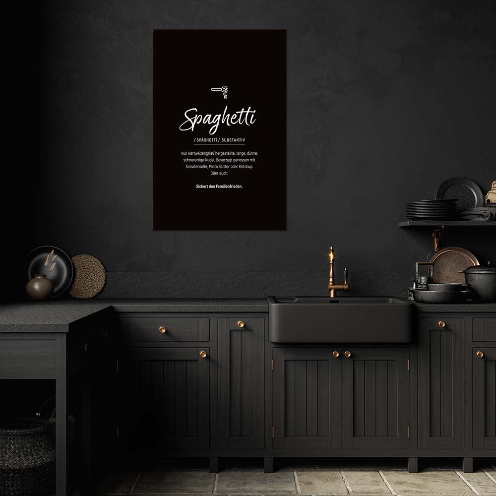 Wandbild Wortdefinition schwarzer Hintergrund Spaghetti Pasta