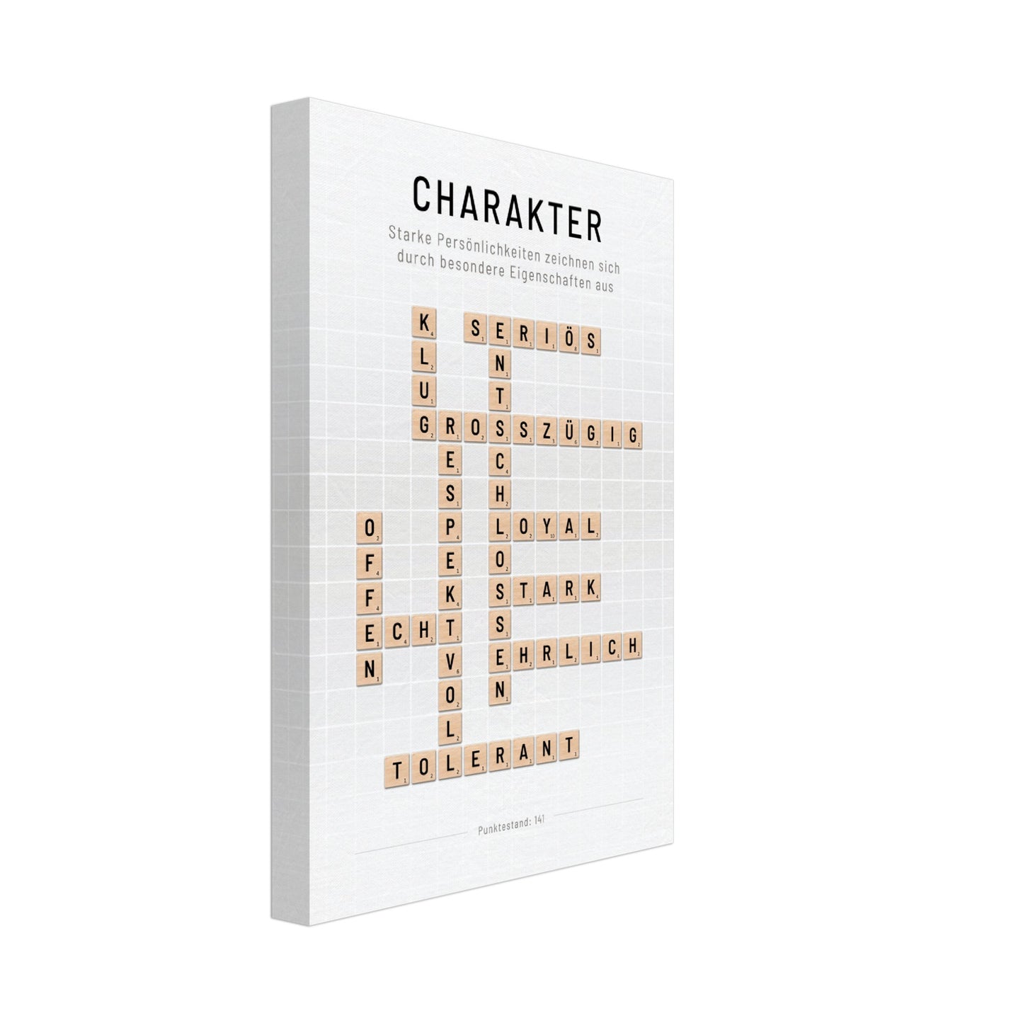 Charakter - Crossword-Wandbild - Leinwand Weiss Neutral im Hochformat - Typografie Worte Scrabble Brettspiel Sprache Leben Alltag