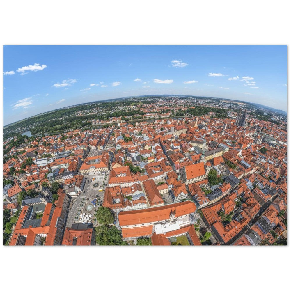 Regensburg mit Fontänen am Bismarckplatz, Theater und St. Blasius – Poster Seidenmatt Panorama – Regensburg – ohne Rahmen