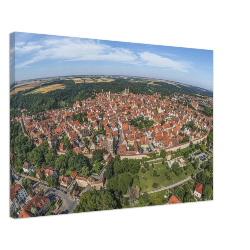 Rothenburg mit Rödertor und Toranlage, Röderschütt, Galgentor, historischer Stadtmauer und St. Jakob – Leinwand Panorama – Rothenburg ob der Tauber