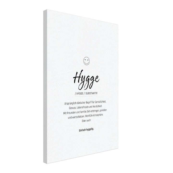 Hygge - Wortdefinition-Wandbild - Leinwand Weiss Neutral im Hochformat - Typografie Worte Sprache Leben Alltag