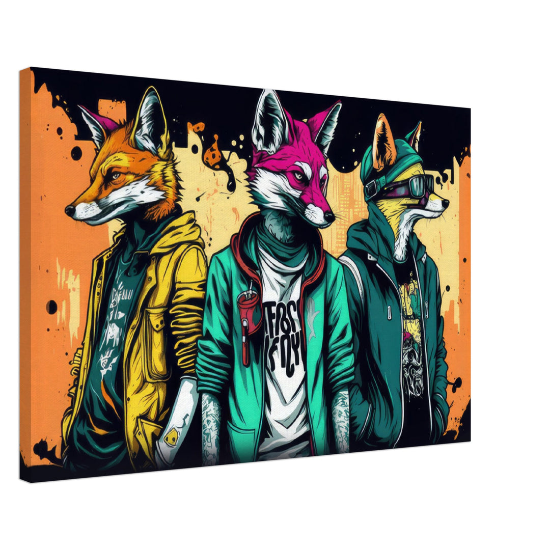 Foxy Fables - Füchse Wandbild - Crazy Wildlife Leinwand Cartoon Style im Querformat - Coole Tiere & Animals Kunstdruck