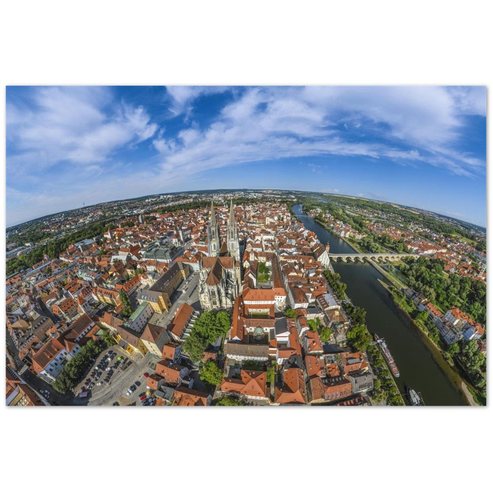 Regensburg mit Dom St. Peter, Donau und Steinerne Brücke – Poster Seidenmatt Panorama – Regensburg – ohne Rahmen