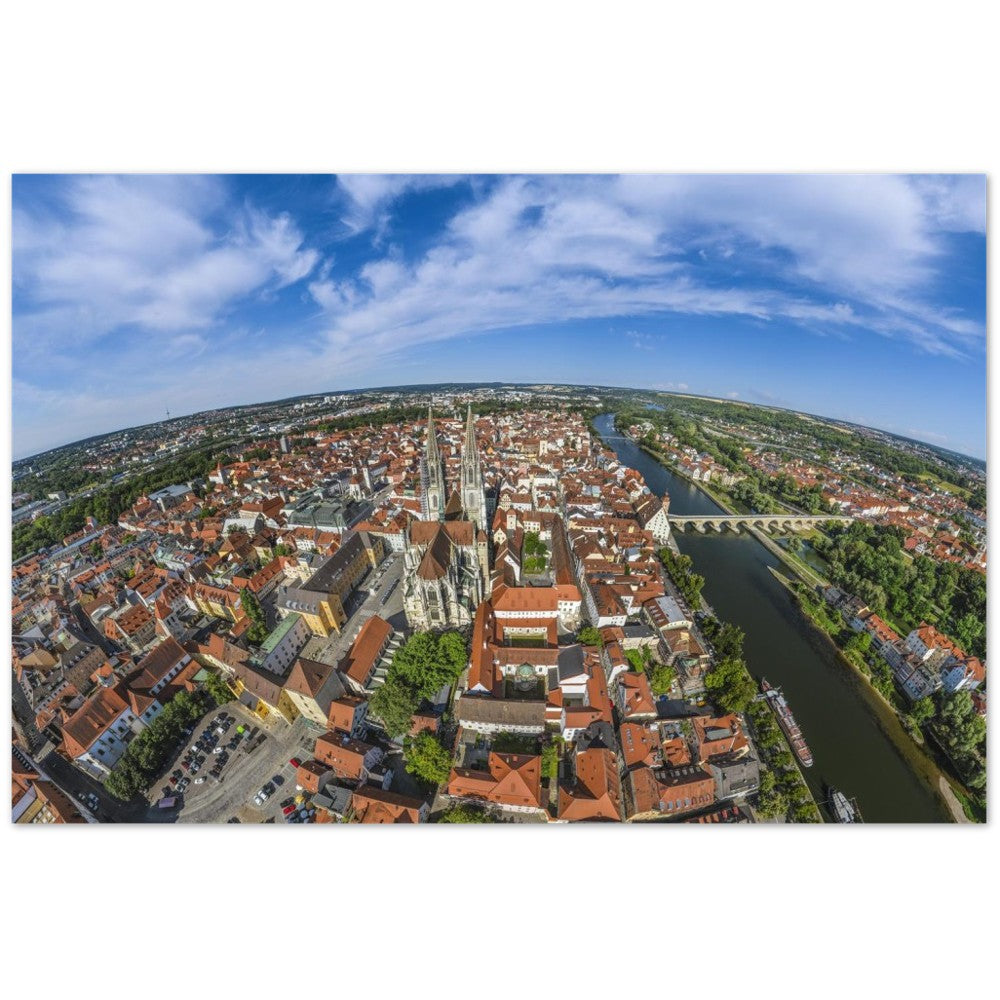 Regensburg mit Dom St. Peter, Donau und Steinerne Brücke – Poster Seidenmatt Panorama – Regensburg – ohne Rahmen